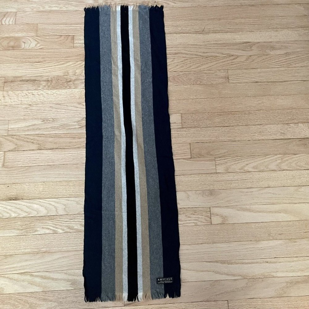 Amicale 100% Cashmere Striped 41” X 12” Scarf Blue Grey Tan White